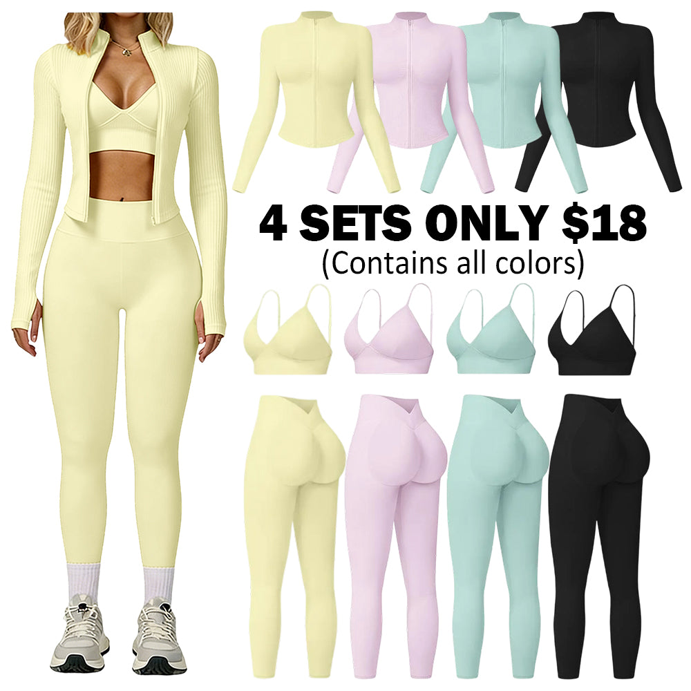 Women's tank top, high-waisted leggings, and zip-up jacket 3-piece sportswear set.