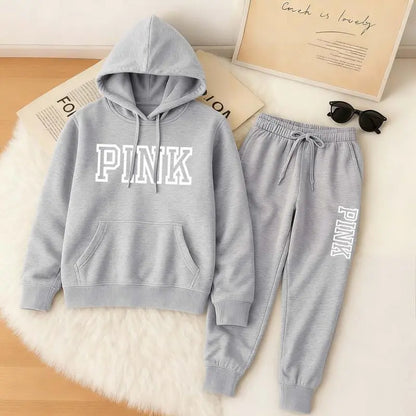 Women's Pink Print Hoodie And Drawstring Track Pants Set