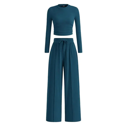 ✨2-Piece Ribbed Knit Long Sleeve Crop Top Wide Leg Pants Lounge Set🔥
