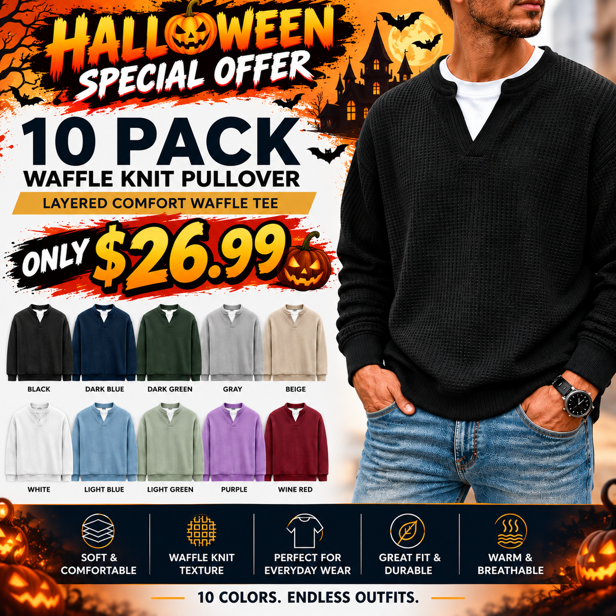 🎃 HALLOWEEN LAST DAY SALE 👻 10-Pack for Only $26.99 | Men's Layered Waffle Knit Thermal Pullovers