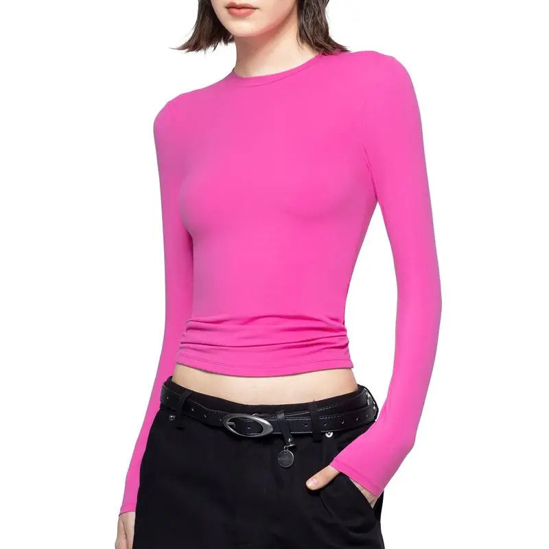Long Sleeve Basic Tee Women's Crew Neck Slim Fit Tops Streetwear Minimalist Double Layer Compression Tee