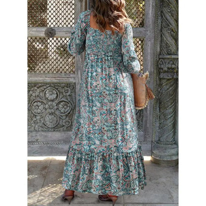 Women’s Long Sleeve Boho Dress – Square Neck & Button Detail