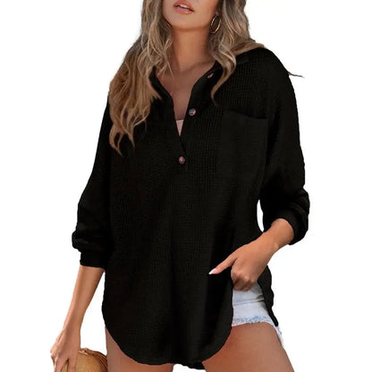 Women's Oversized Henley Waffle Shirts Tops