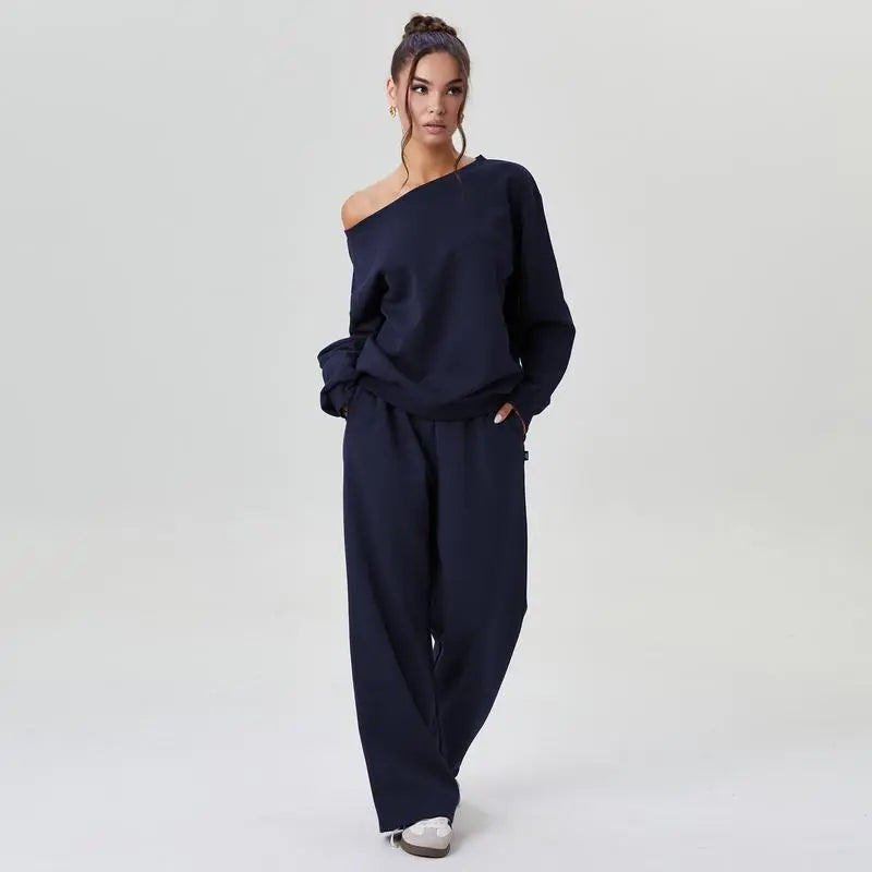 Women's Leisure Solid Color Sloping Shoulder Long Sleeve Top & Wide-Leg Trousers Set