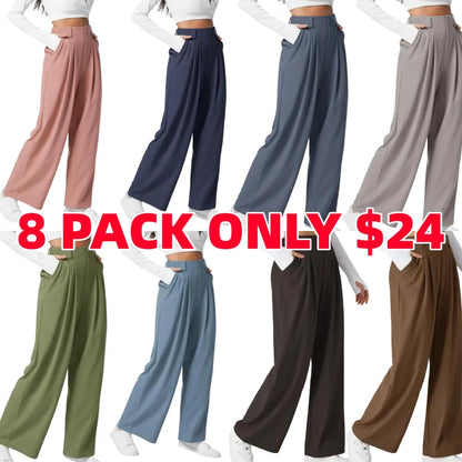 High Waisted Plicated Side Pocket Wide Waffle Work Pants