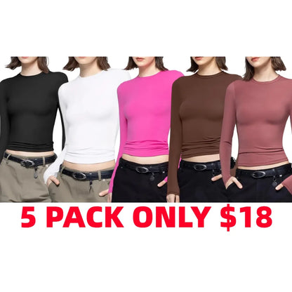 Long Sleeve Basic Tee Women's Crew Neck Slim Fit Tops Streetwear Minimalist Double Layer Compression Tee