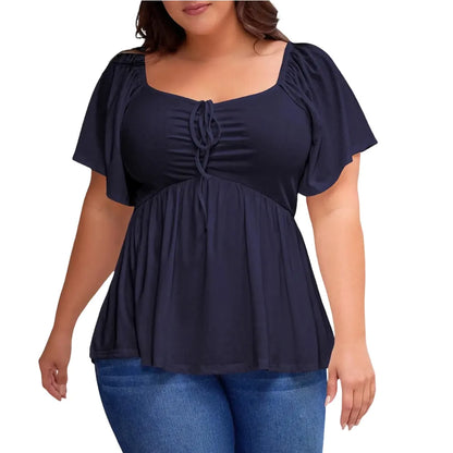 Women's Large-Sized Heart-Shaped Collar Short-Sleeved Ruffled Blouse