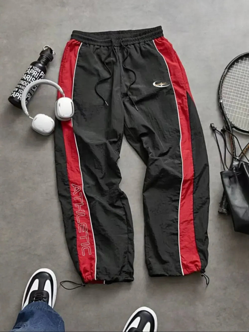 Men's Casual Sporty Long Pants, Loose Fit Drawstring Cuff