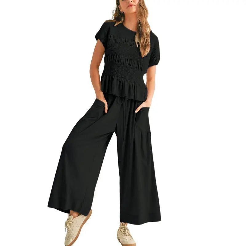 ✨Women’s 2-Piece Smocked Top & Wide-Leg Pants Casual Boho Matching Set🔥