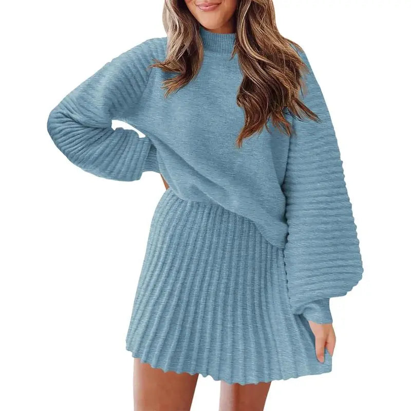 Women's 2 Piece Outfits 2025 Long Sleeve Mock Neck Ribbed Sweaters And Mini Skirt Two Piece Sets