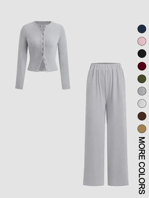 Two-piece Set Women's Solid Button Front Ribbed Crop Top & Elastic Waist Pants