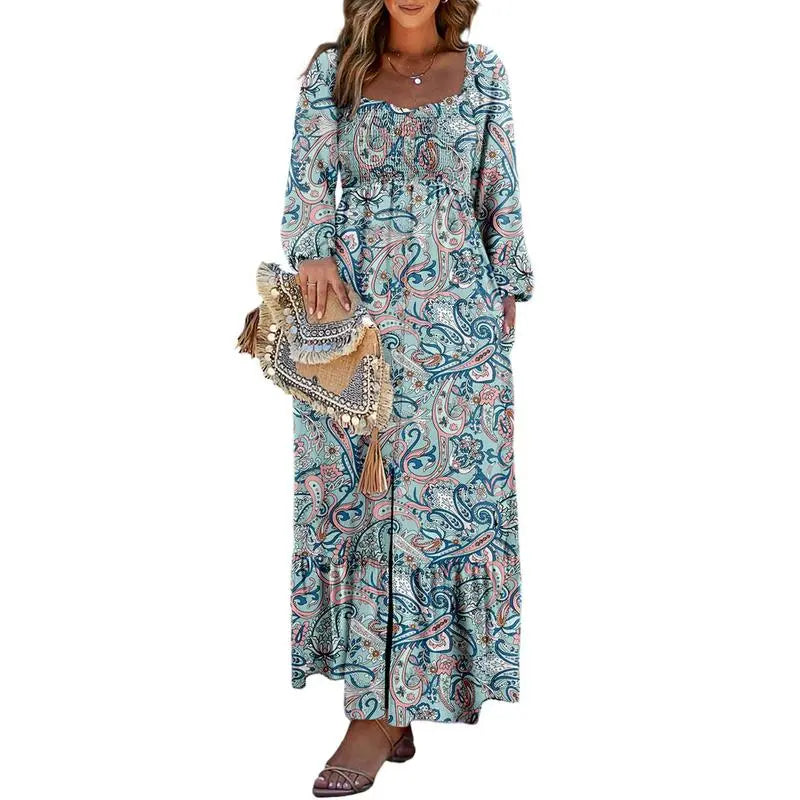 Women’s Long Sleeve Boho Dress – Square Neck & Button Detail