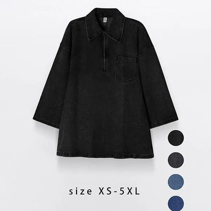 Women's Denim Dress Half-Zip Collared Vintage Washed Blue Loose Fit Long Sleeve