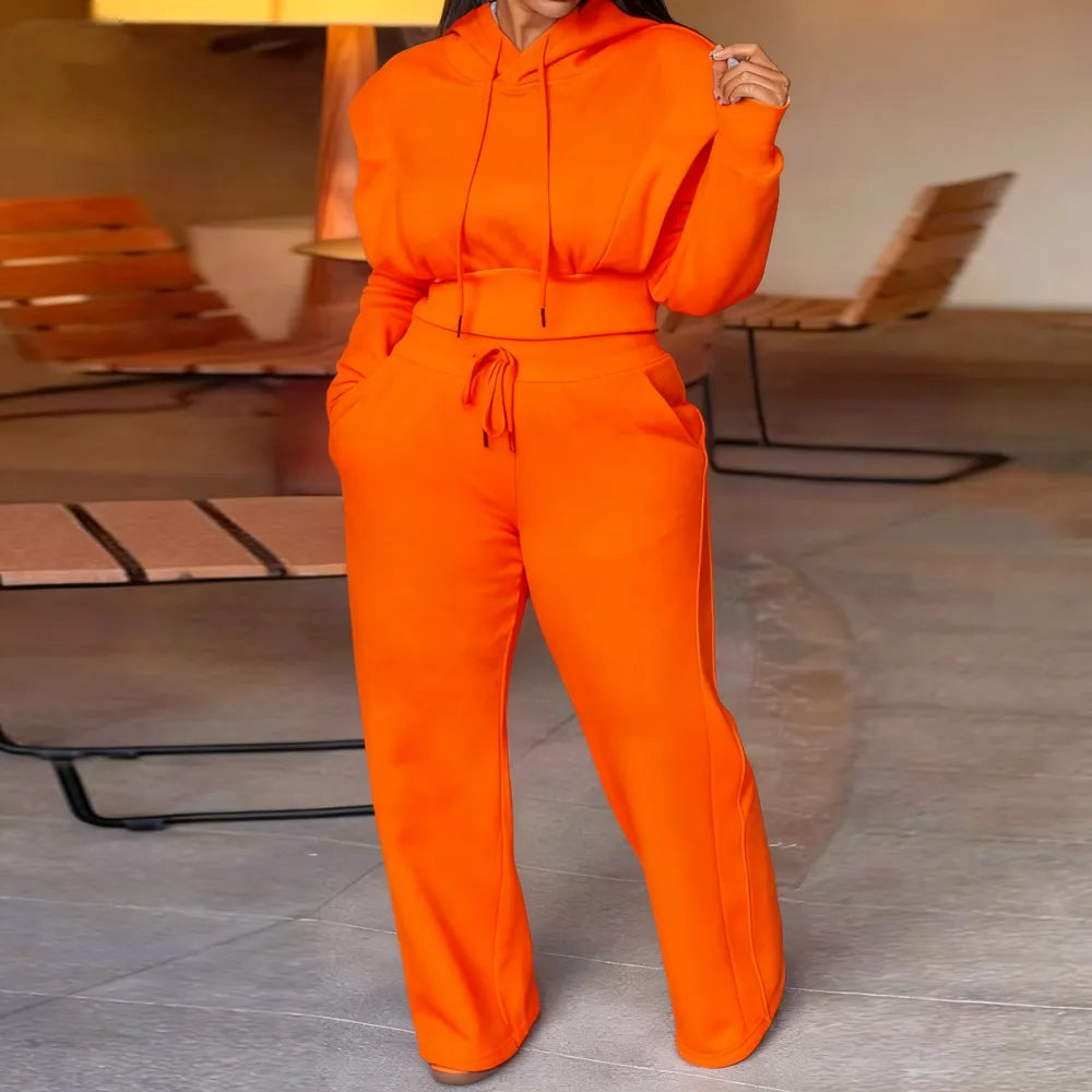 Hooded Long Sleeve Sweatshirt and Casual Wide Leg Sweatpants Set