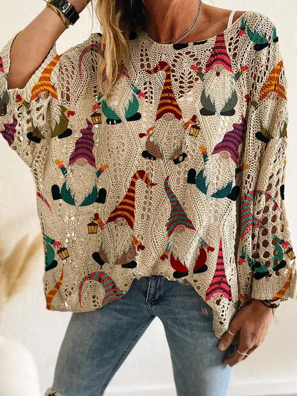 Women's Halloween Pumpkin Print Long Sleeve Knit Top