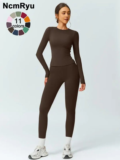 Women’s Two-Piece Patchwork Yoga Set – High Elastic Slim Fit Long Sleeve Top & Tight Pants