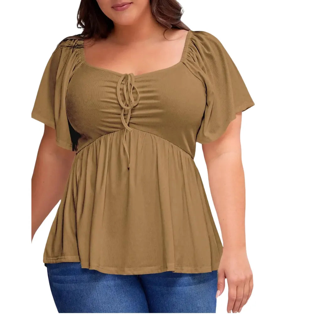 Women's Large-Sized Heart-Shaped Collar Short-Sleeved Ruffled Blouse