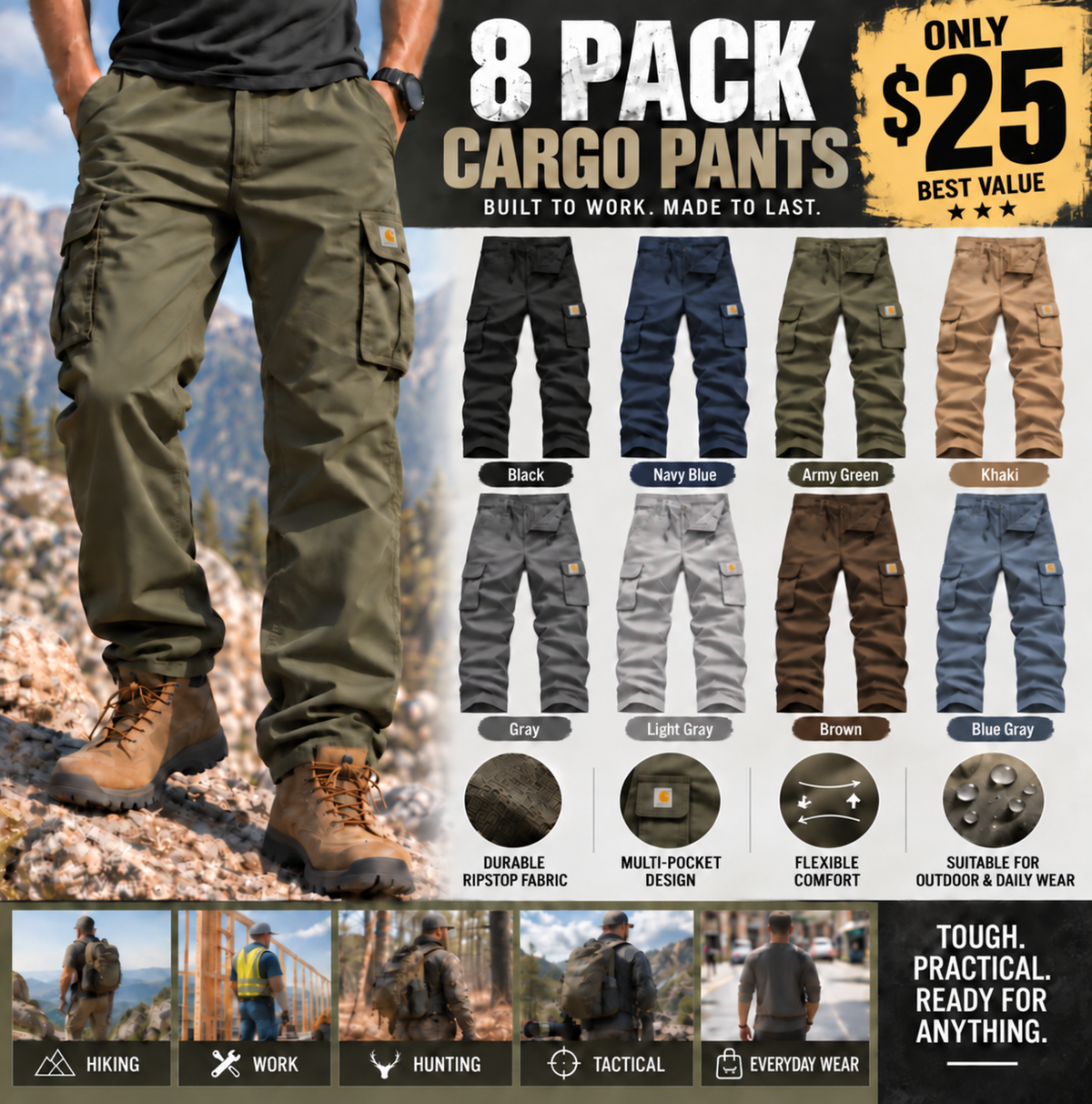 🎃 HALLOWEEN LAST DAY SALE 👻 8-Pack for Only $25.99 | Men's Practical Camo Cargo Pants