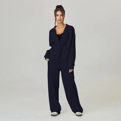 Women's Slouchy Solid Color V Neck Long Sleeve Button Cardigan & Drawstring Waist Trousers Co-ord