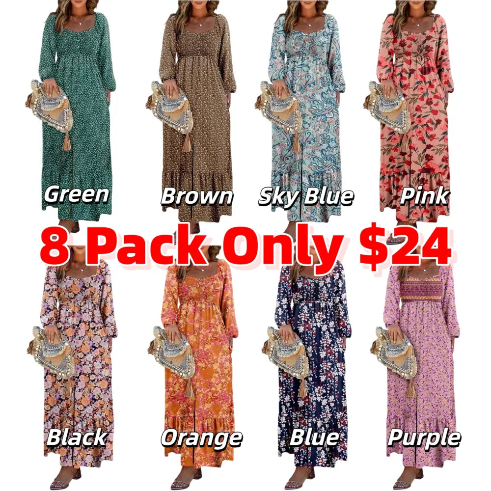 Women’s Long Sleeve Boho Dress – Square Neck & Button Detail