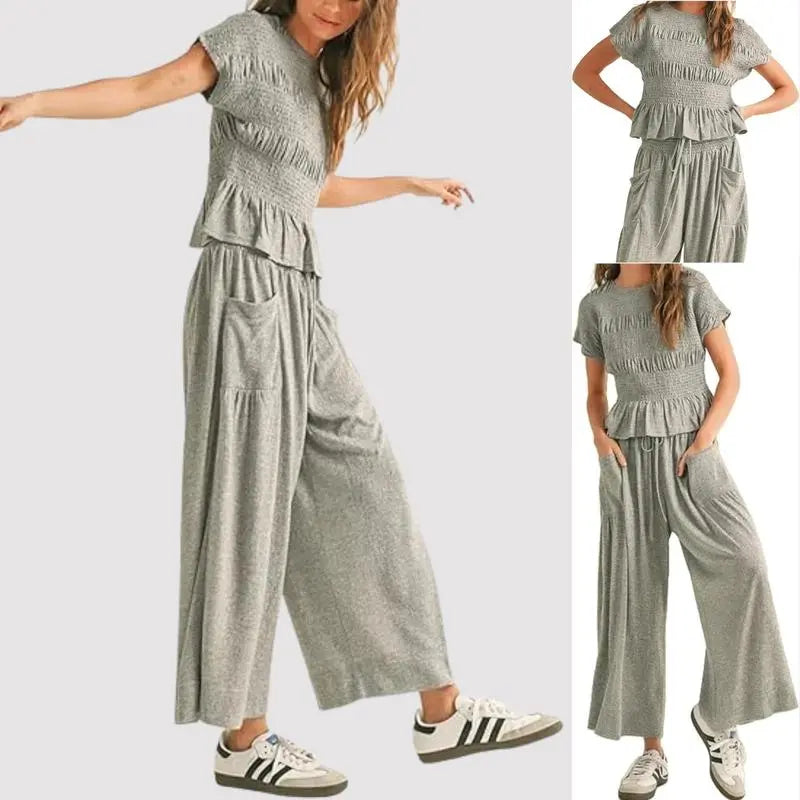 ✨Women’s 2-Piece Smocked Top & Wide-Leg Pants Casual Boho Matching Set🔥