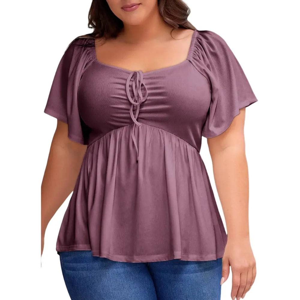 Women's Large-Sized Heart-Shaped Collar Short-Sleeved Ruffled Blouse