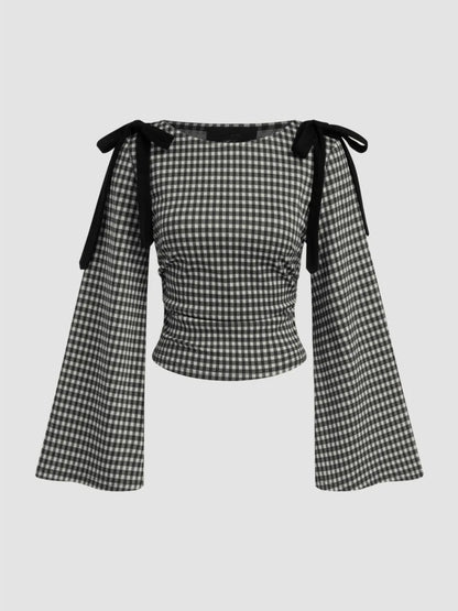 Boat Neck Gingham Bowknot Ruched Long Sleeve Top