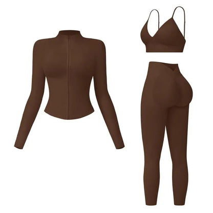 Women's tank top, high-waisted leggings, and zip-up jacket 3-piece sportswear set.