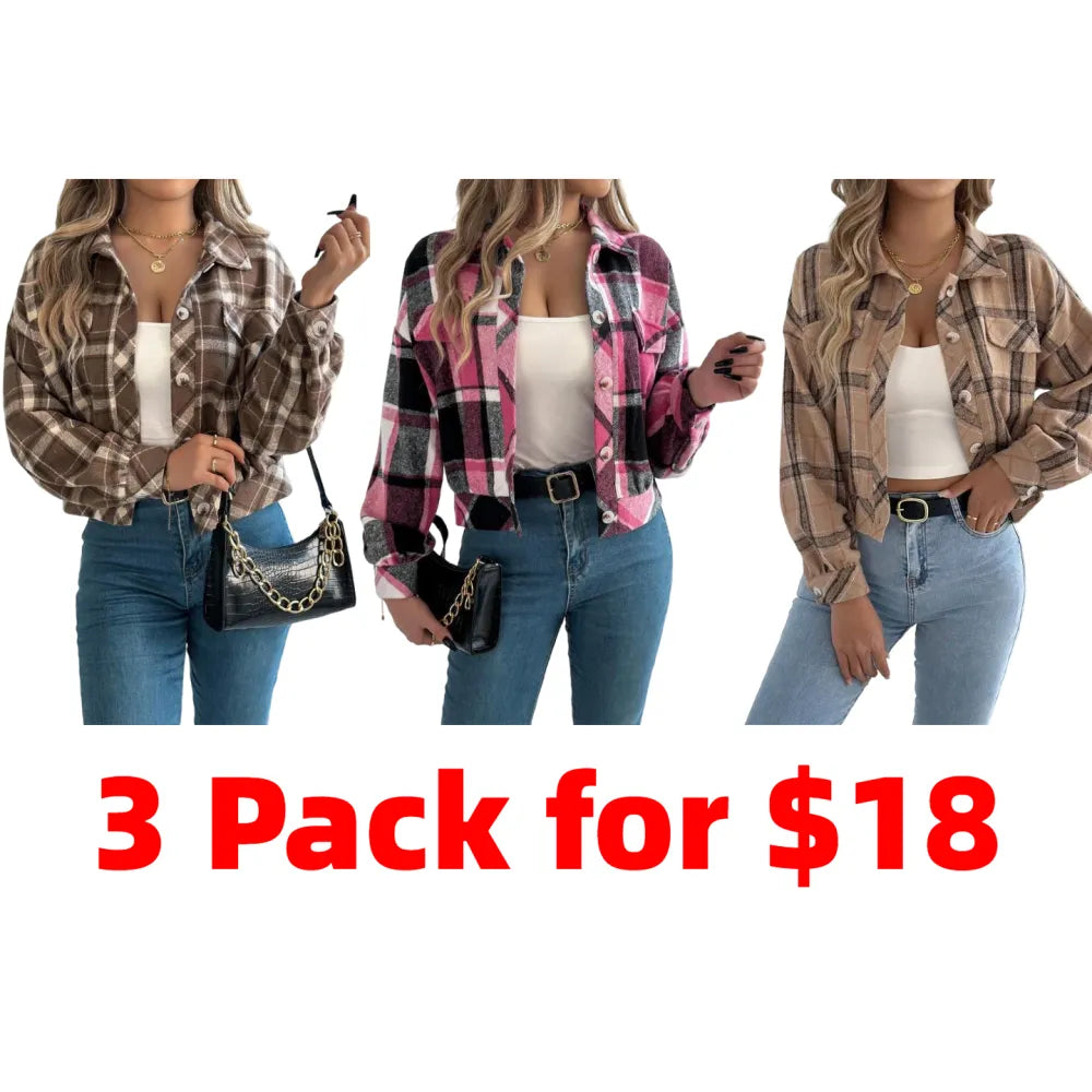 Women's Plaid Print Button Front Drop Shoulder Jacket