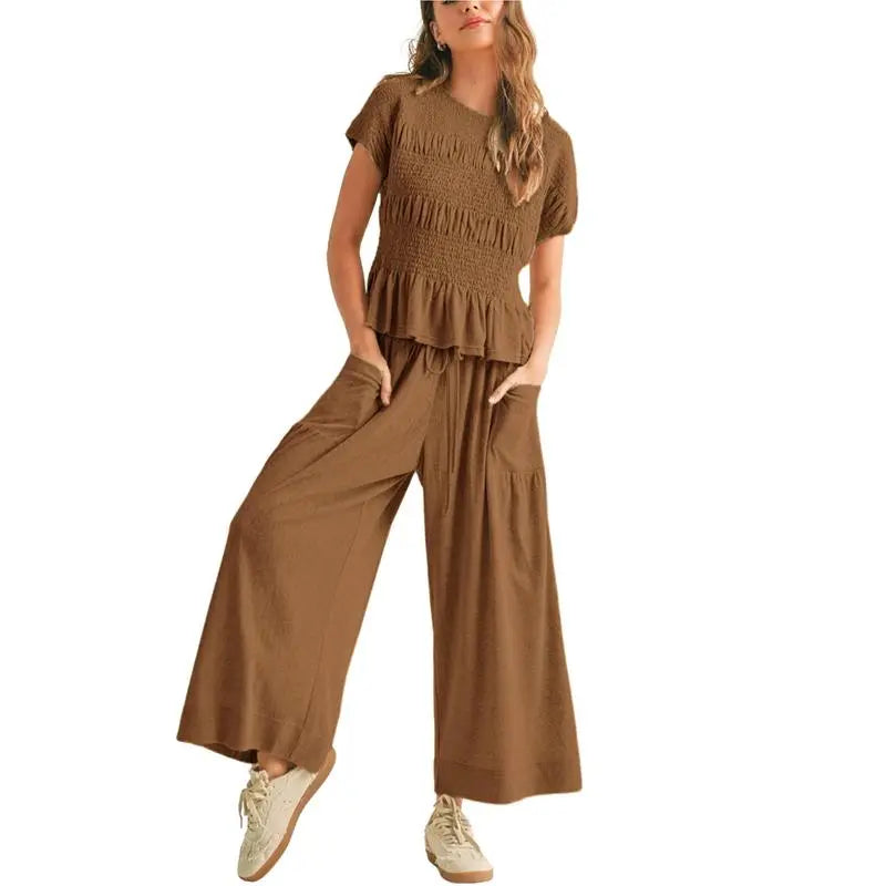 ✨Women’s 2-Piece Smocked Top & Wide-Leg Pants Casual Boho Matching Set🔥