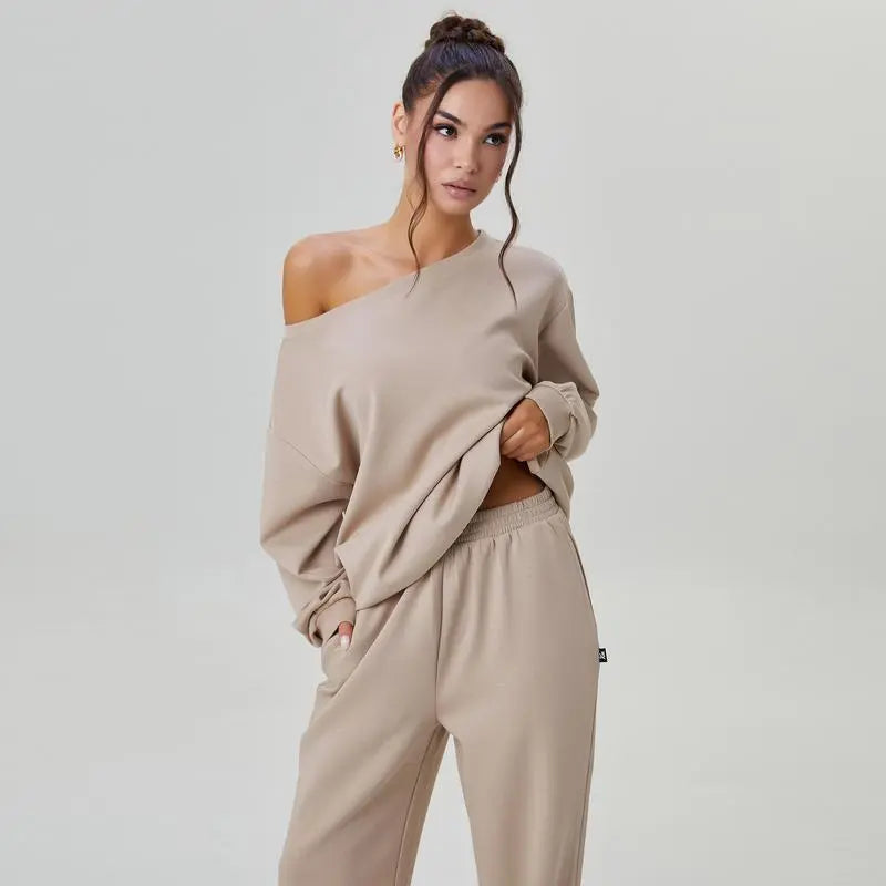 Women's Leisure Solid Color Sloping Shoulder Long Sleeve Top & Wide-Leg Trousers Set