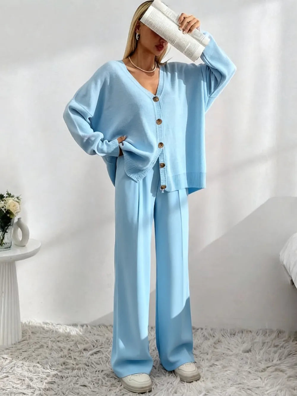 Women’s Knit Cardigan & Wide-Leg Pants Set