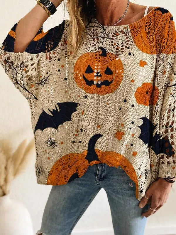 Women's Halloween Pumpkin Print Long Sleeve Knit Top