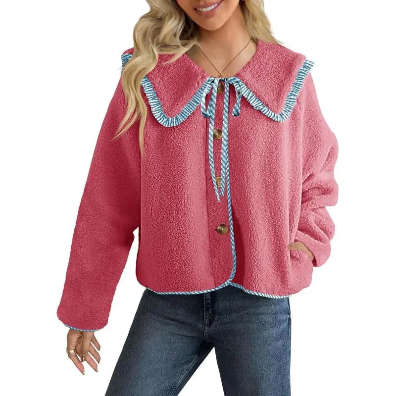Womens Fuzzy Fleece Jacket Peter Pan Collar Button Down Fall Winter Sherpa Coats
