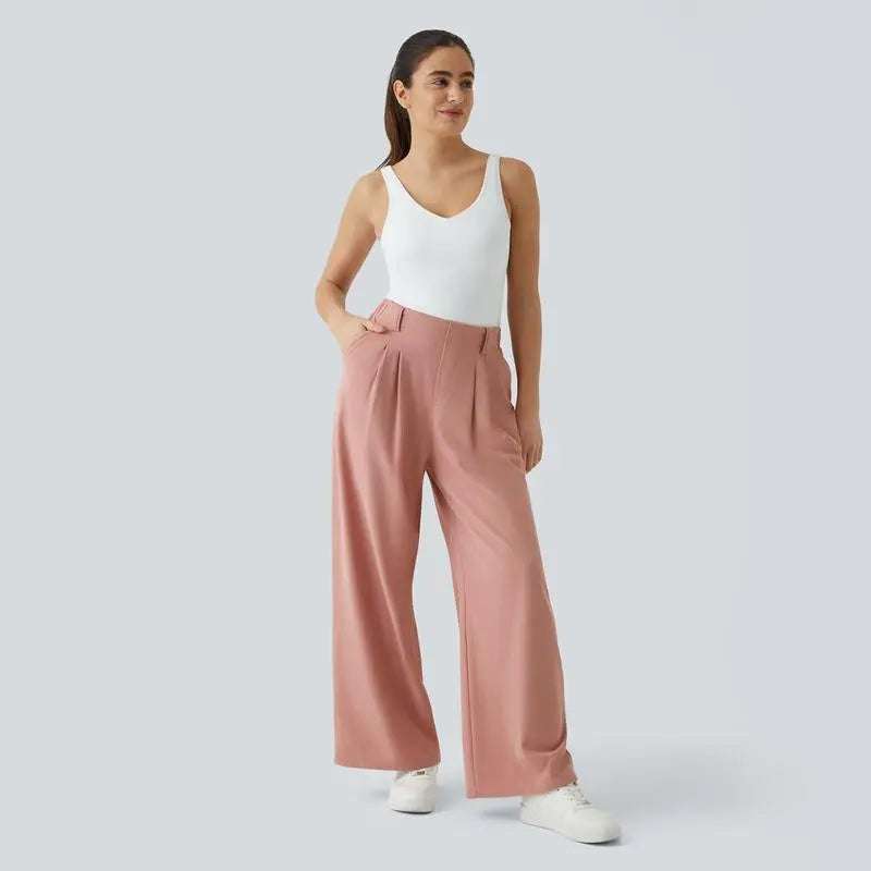 High Waisted Plicated Side Pocket Wide Waffle Work Pants