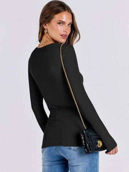 Women Long Sleeve Crewneck Rib Knit Slim Fit Shirts