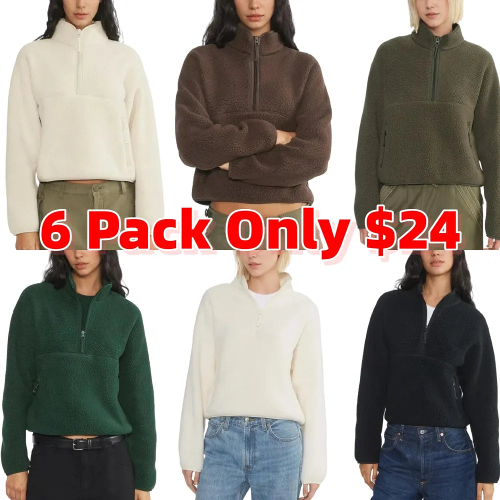 Women’s Fleece Cropped Pullover – Half Zip Sherpa Jacket with Pockets