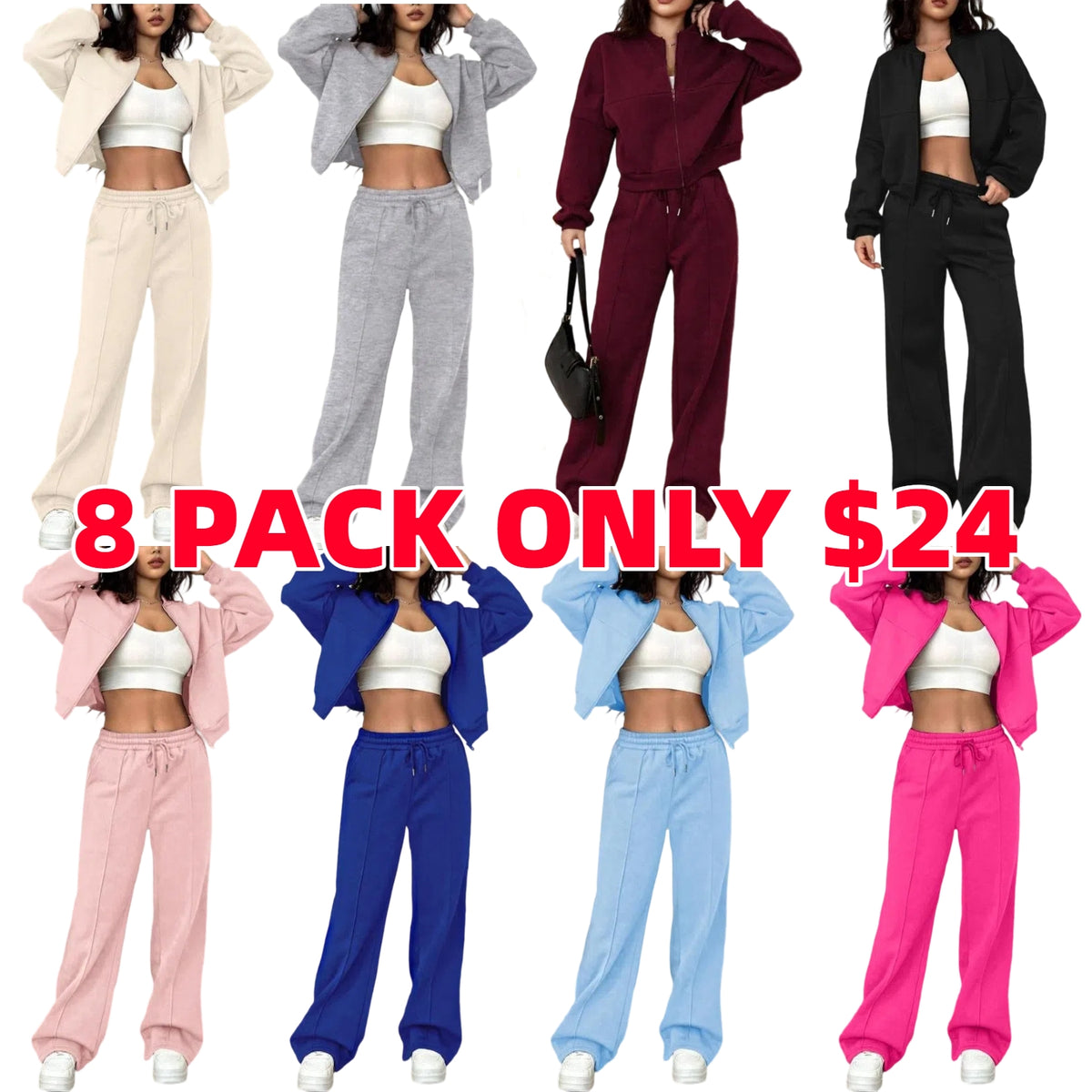 Two-piece Set Women's Solid Zip Up Drop Shoulder Jacket & Pocket Elastic Waist Pants