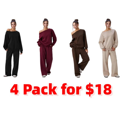 Women's Leisure Solid Color Sloping Shoulder Long Sleeve Top & Wide-Leg Trousers Set