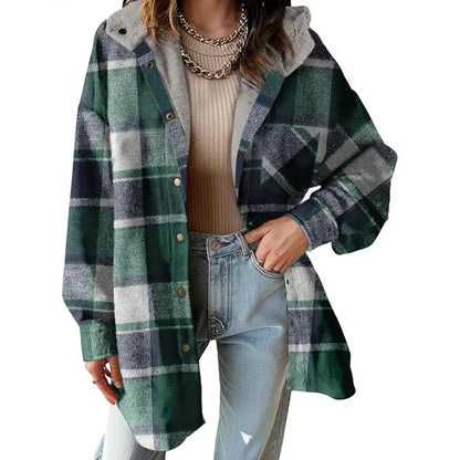 Women's Flannel Hooded Plaid 2025 Shacket