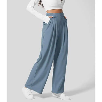 High Waisted Plicated Side Pocket Wide Waffle Work Pants