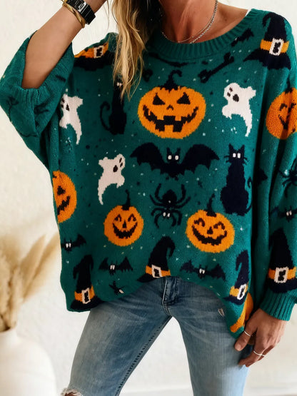 Women's Halloween Pumpkin Print Long Sleeve Knit Top