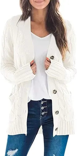 Women's Fall Casual Long Sleeve Button Down Open Front Cable Knit Cardigan