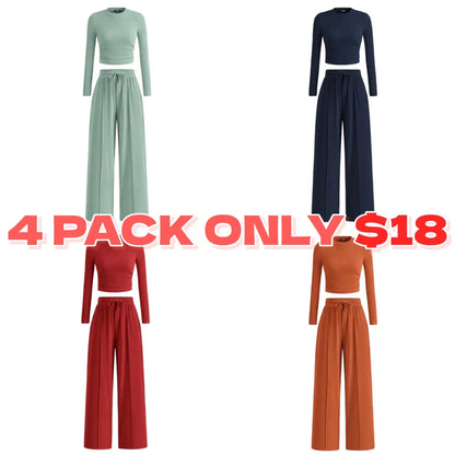 ✨2-Piece Ribbed Knit Long Sleeve Crop Top Wide Leg Pants Lounge Set🔥
