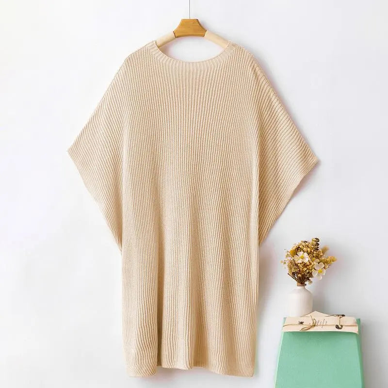 Women’s Oversized Knit Top – Casual Crew Neck Short Sleeve Sweater with Side Slit