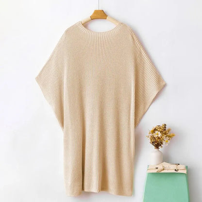 Women’s Oversized Knit Top – Casual Crew Neck Short Sleeve Sweater with Side Slit