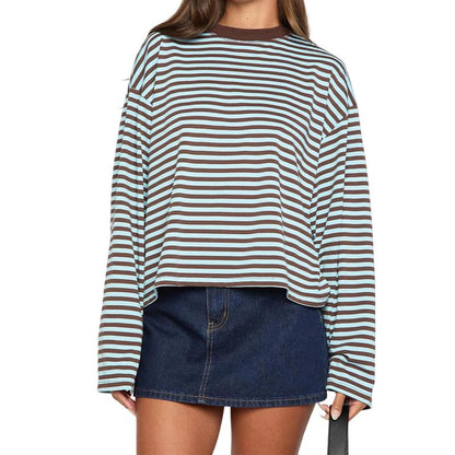 Women Long Sleeve Crew Neck Loose Striped T Shirt