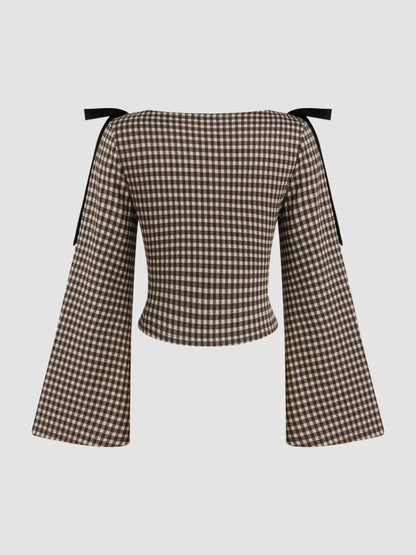 Boat Neck Gingham Bowknot Ruched Long Sleeve Top
