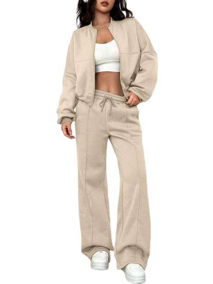 Two-piece Set Women's Solid Zip Up Drop Shoulder Jacket & Pocket Elastic Waist Pants
