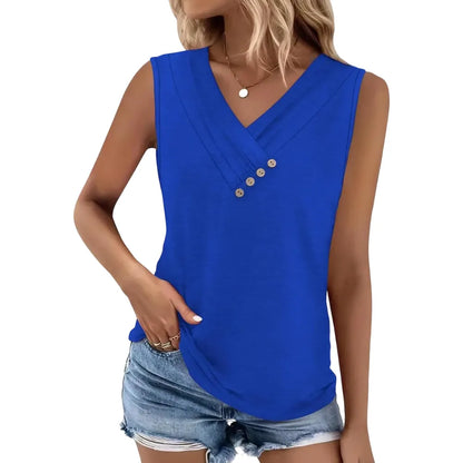 Women Summer Button Down V Neck T Shirts Sleeveless Loose Fit Fashion Tops